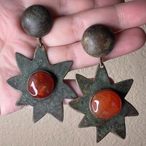1960s Brutalist Starburst Earrings with Carnelian Cabochons – Oxidized Metal
